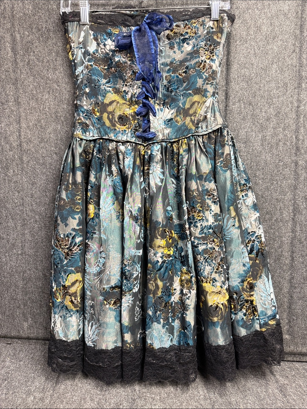 Betsey Johnson Blue Floral Strapless Mini Dress with Velvet Tie